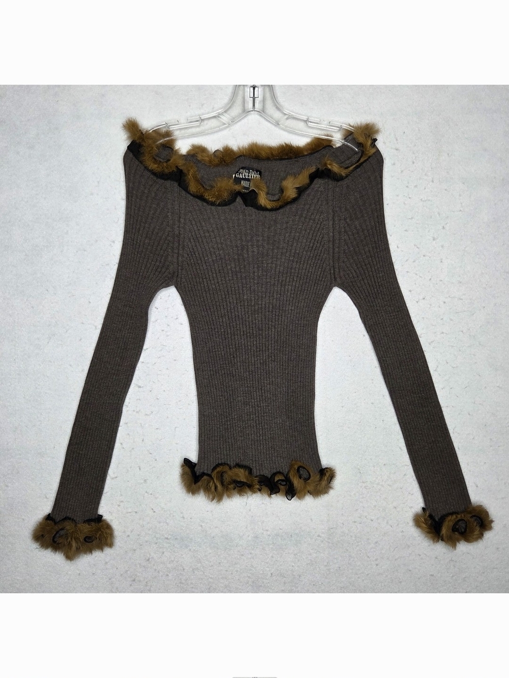 Vtg Jean Paul Gaultier Maille Wool Ribbed Knit Top Fur Trim Stretch *FITS XS/S